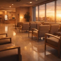 病院でお亡くなりになられた後、葬儀社へ連絡するタイミングを考える待合室のイメージ