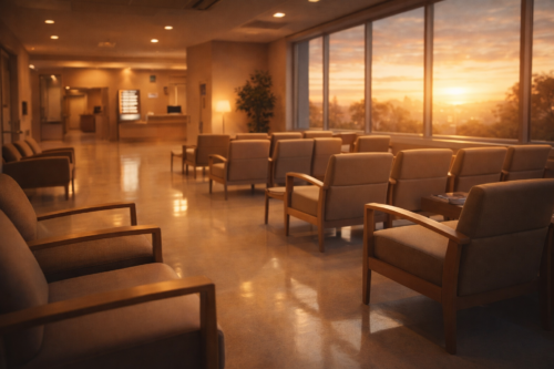 病院でお亡くなりになられた後、葬儀社へ連絡するタイミングを考える待合室のイメージ