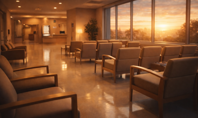 病院でお亡くなりになられた後、葬儀社へ連絡するタイミングを考える待合室のイメージ