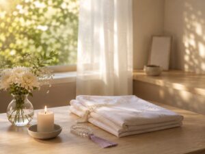 早朝の柔らかな光が差し込む静かな室内に、白い花と灯るろうそく、丁寧に畳まれた布が置かれた様子。ご逝去直後の穏やかな時間と、ご家族に寄り添う気持ちを表現したイメージ写真。