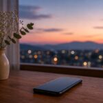 深夜から夜明けの柔らかな光が差し込む室内で、テーブルの上に置かれたスマートフォン。深夜・早朝でも葬儀社へ相談できる安心感をイメージした写真。