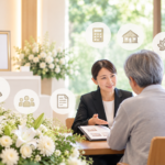 葬儀の事前相談で、女性スタッフがご家族に資料を見せながら、費用や葬儀の形式などについて説明している様子